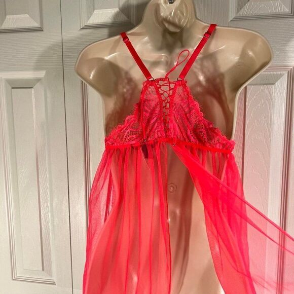 Victoria's Secret 2-Pc Neon Pink Sheer/Lace/Lace Up Babydoll Size Lg NWT - Picture 5 of 13